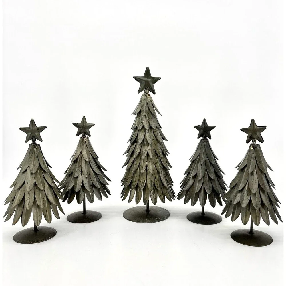 Set of 5 POTTERY BARN Galvanized Village Star Topped Trees Small & Large VTG